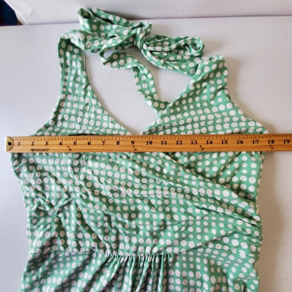 Boden Halter Neck Midi Dress Size 14 Polka Dot Green and White Stretch Viscose - Picture 9 of 15